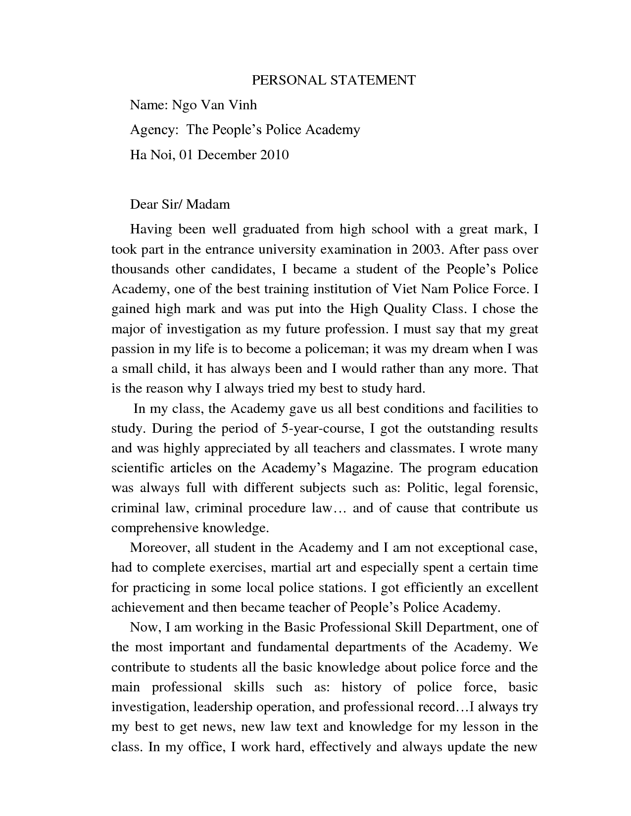 Personal Statement For High School Printable Templates Free