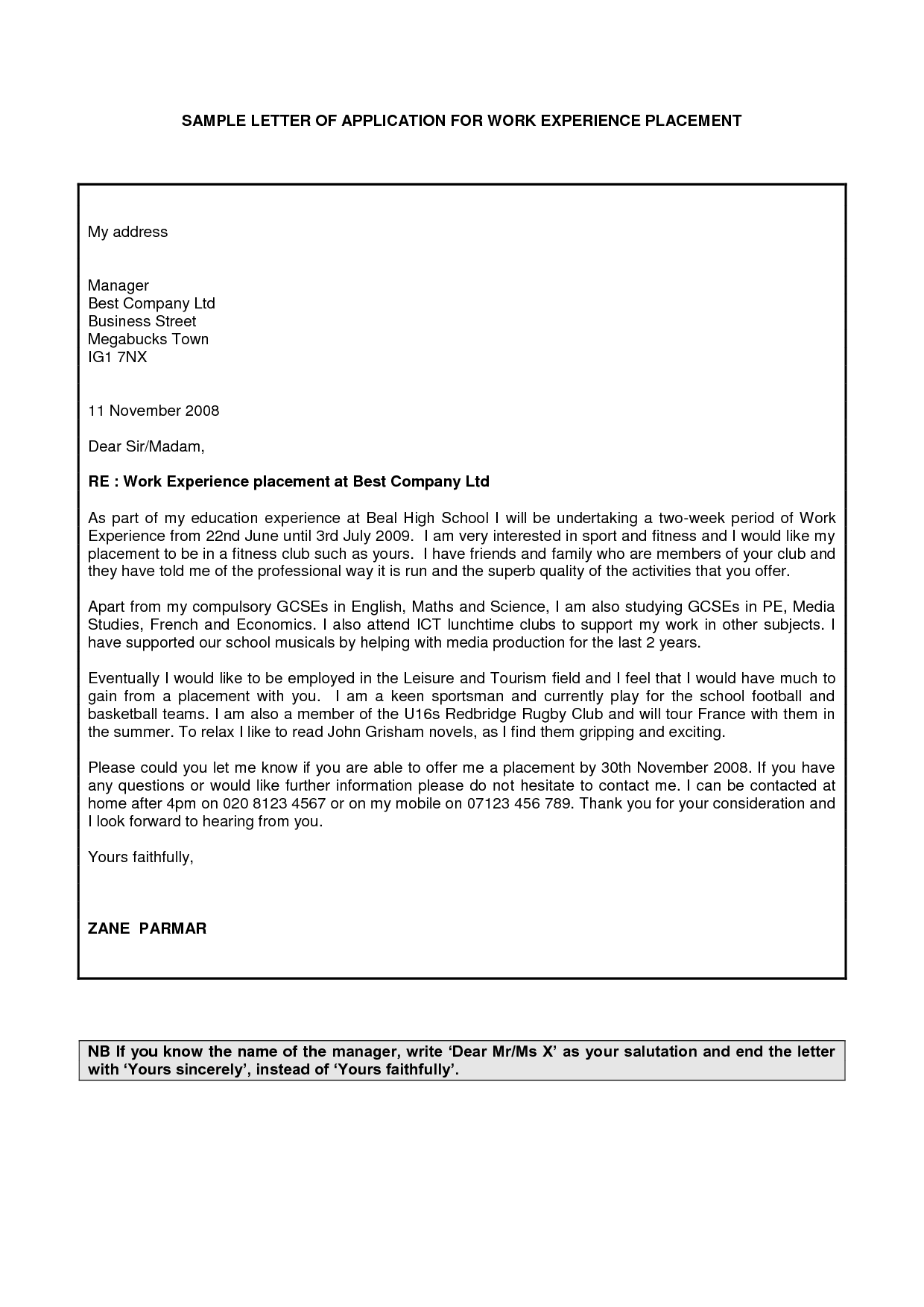 Examples Of Work Experience Application Letters